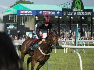 Jockey racing past racegoers at Uttoxeter Racecourse.