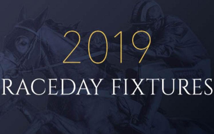Photo of a jockey racing, with a title graphic overlaid on top that says 2019 raceday fixtures.